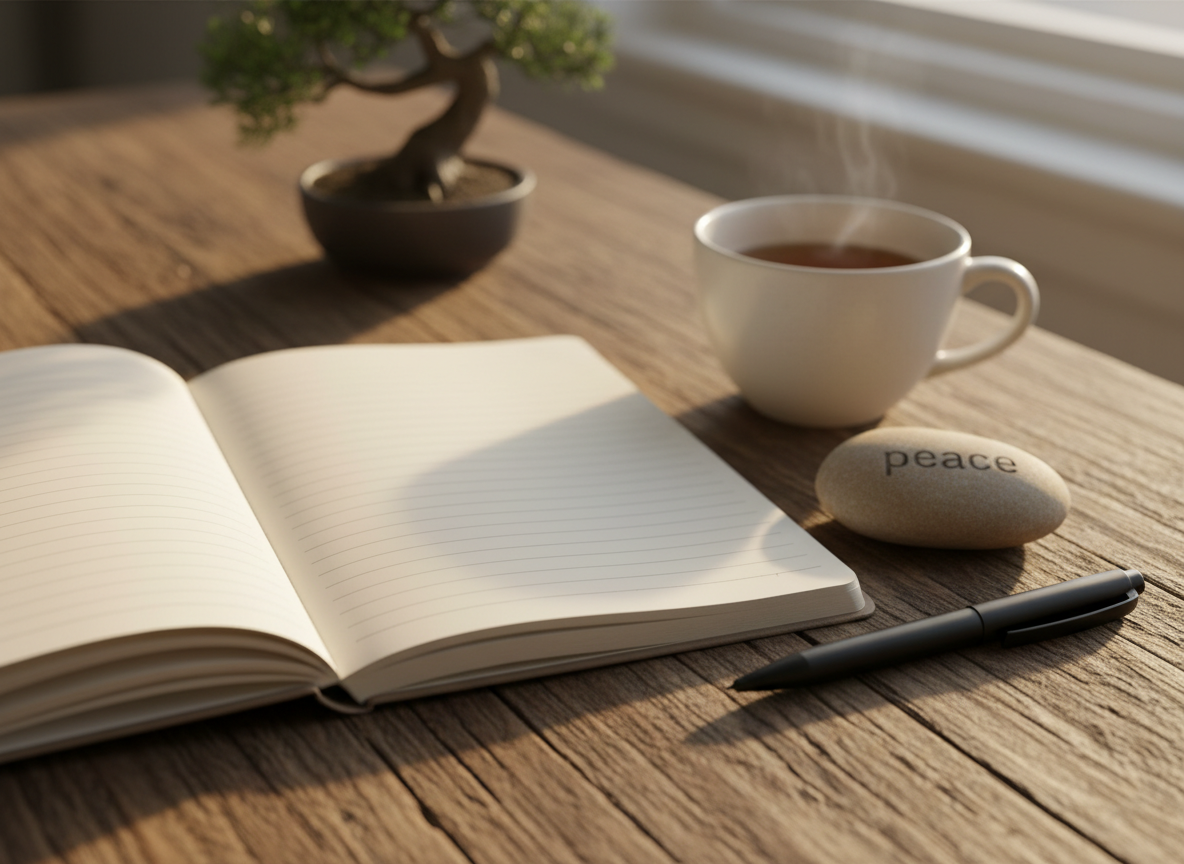 A close-up of an open, cream-colored notebook with softly rounded corners lying on a sturdy reclaimed-wood table, its pages filled with small, evenly spaced blank lines ready for reflection. Beside it rests a smooth, sand-colored stone engraved subtly with the word “peace,” and a simple matte-black pen. In the background, slightly out of focus, a ceramic mug of herbal tea steams gently near a small bonsai tree. Warm, late-afternoon light from a side window creates gentle highlights on the paper texture and soft shadows under the stone. Photographed with shallow depth of field and a balanced composition, the image feels intimate, contemplative, and professional, ideal for illustrating reflective community practice.
