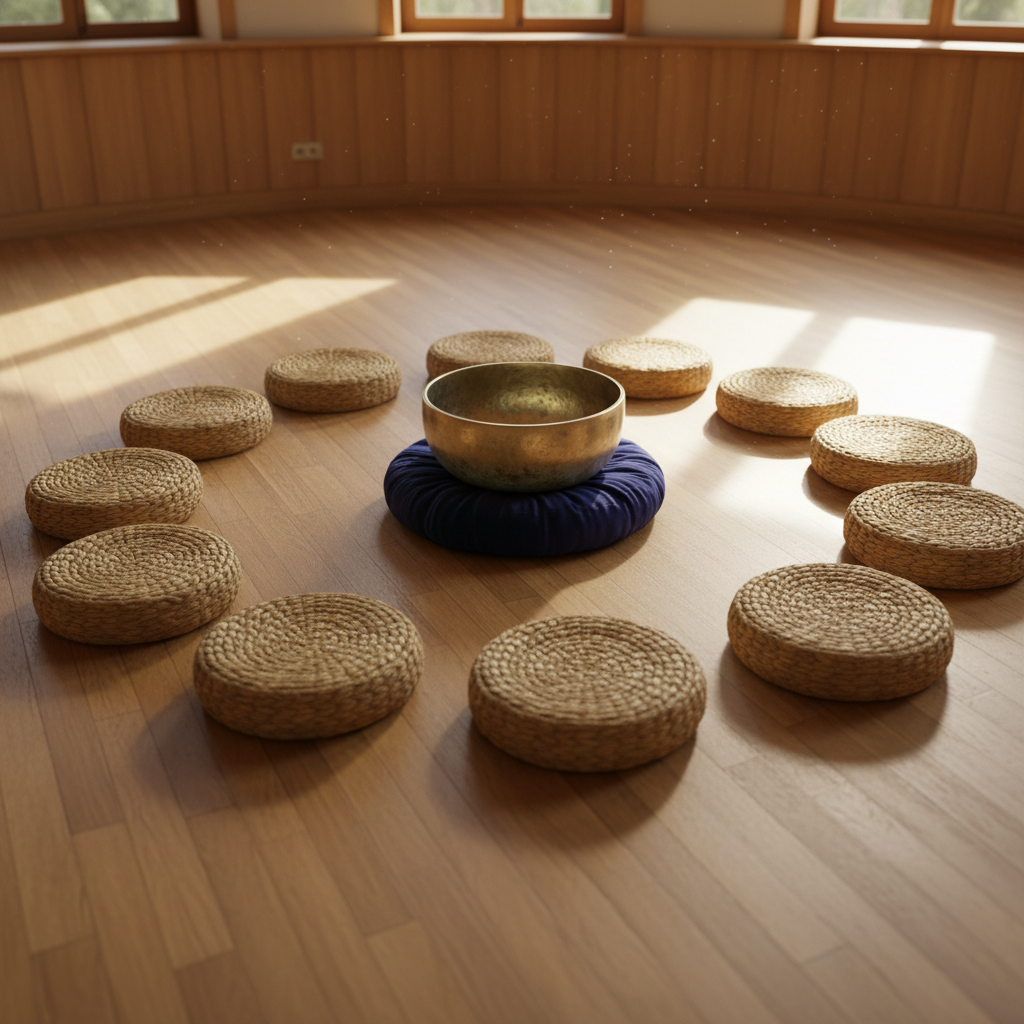 A circular meditation hall implied through objects: a central brass singing bowl with a softly worn patina rests on a deep indigo cushion atop a wide, honey-colored wooden floor. Around it, an orderly ring of empty woven seagrass cushions suggests a gathering space, though no people are present. Indirect afternoon light filters through unseen windows, forming gentle pools of brightness that trace the circle. Captured from a slightly raised, wide-angle perspective, the composition emphasizes the open, inclusive space, with sharp focus throughout. The mood is welcoming, peaceful, and reflective, rendered in photographic realism with natural, subdued colors that evoke a sense of community and shared understanding.