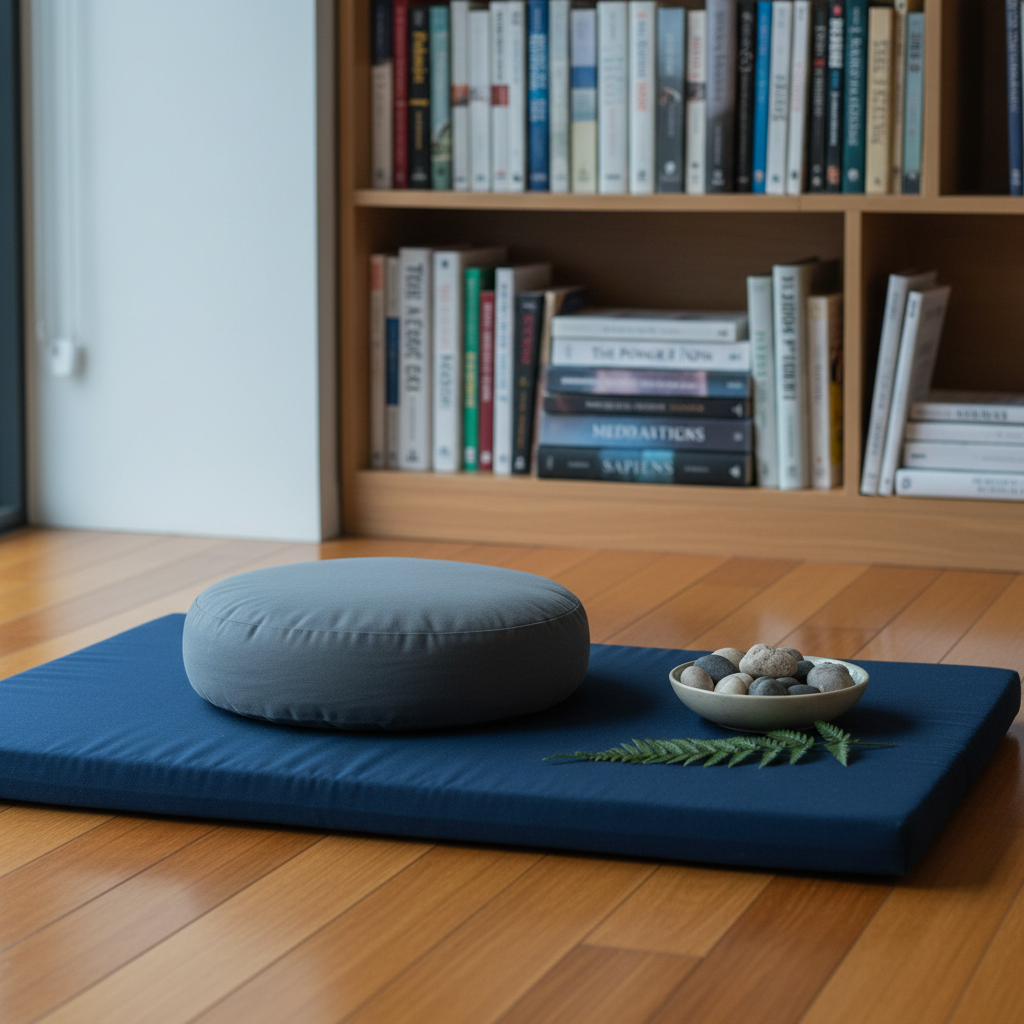 A neatly arranged meditation corner featuring a dark-blue zabuton cushion and a slate-gray zafu resting on warm bamboo flooring, positioned near a low bookshelf filled with carefully ordered mindfulness and philosophy books. A small ceramic bowl of polished beach pebbles and a single fern frond add natural texture. Cool, overcast daylight enters from an unseen window, creating soft, shadowless illumination that feels calm and contemplative. Shot from a slightly elevated angle using the rule of thirds, the cushions occupy the foreground, with the bookshelf subtly blurred behind. The photographic style is clean and modern, projecting a grounded, professional atmosphere suitable for a community meditation nonprofit.