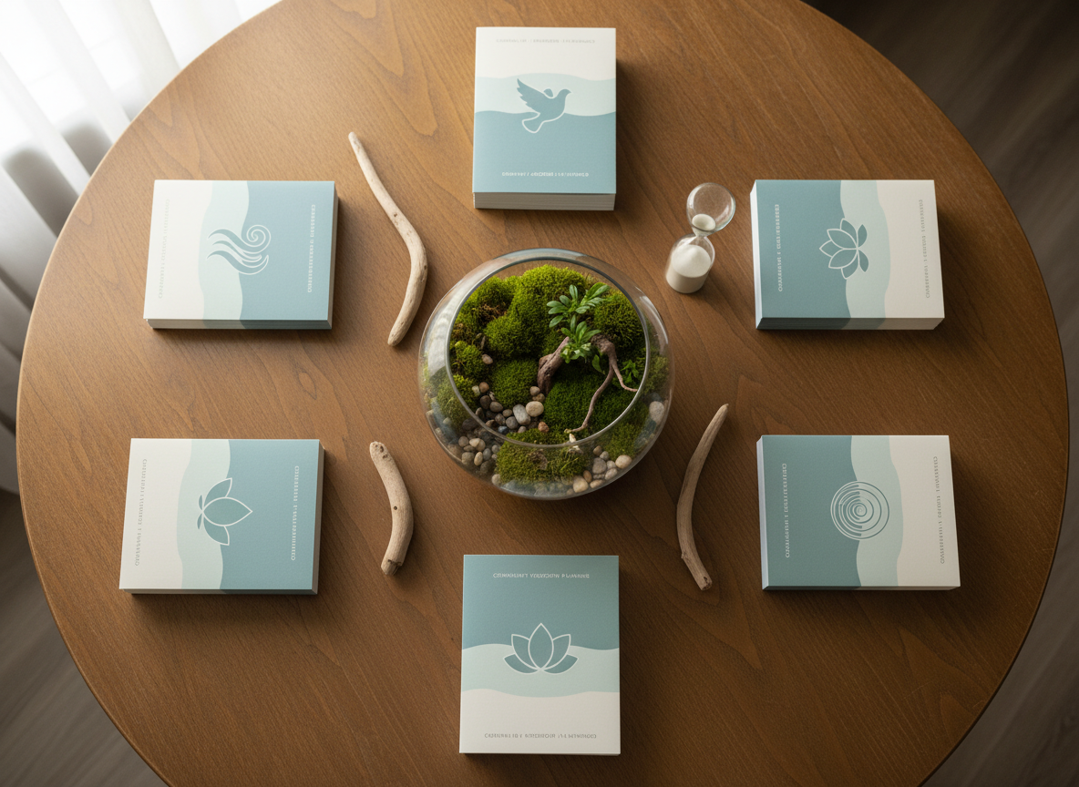An overhead view of a circular wooden table set for a community meditation planning session, yet completely free of people. At the center sits a small moss terrarium in a clear glass bowl, surrounded by neatly stacked brochures in soft blues and greens labeled with abstract icons of calm waves and doves. Smooth driftwood pieces and a simple sand timer add organic elements. Diffused daylight from a nearby window creates even, natural illumination with minimal shadows. The composition uses symmetrical balance, with every item carefully aligned, suggesting order and care. The photographic realism and muted color palette convey a grounded, professional atmosphere that reflects thoughtful organization and shared purpose.